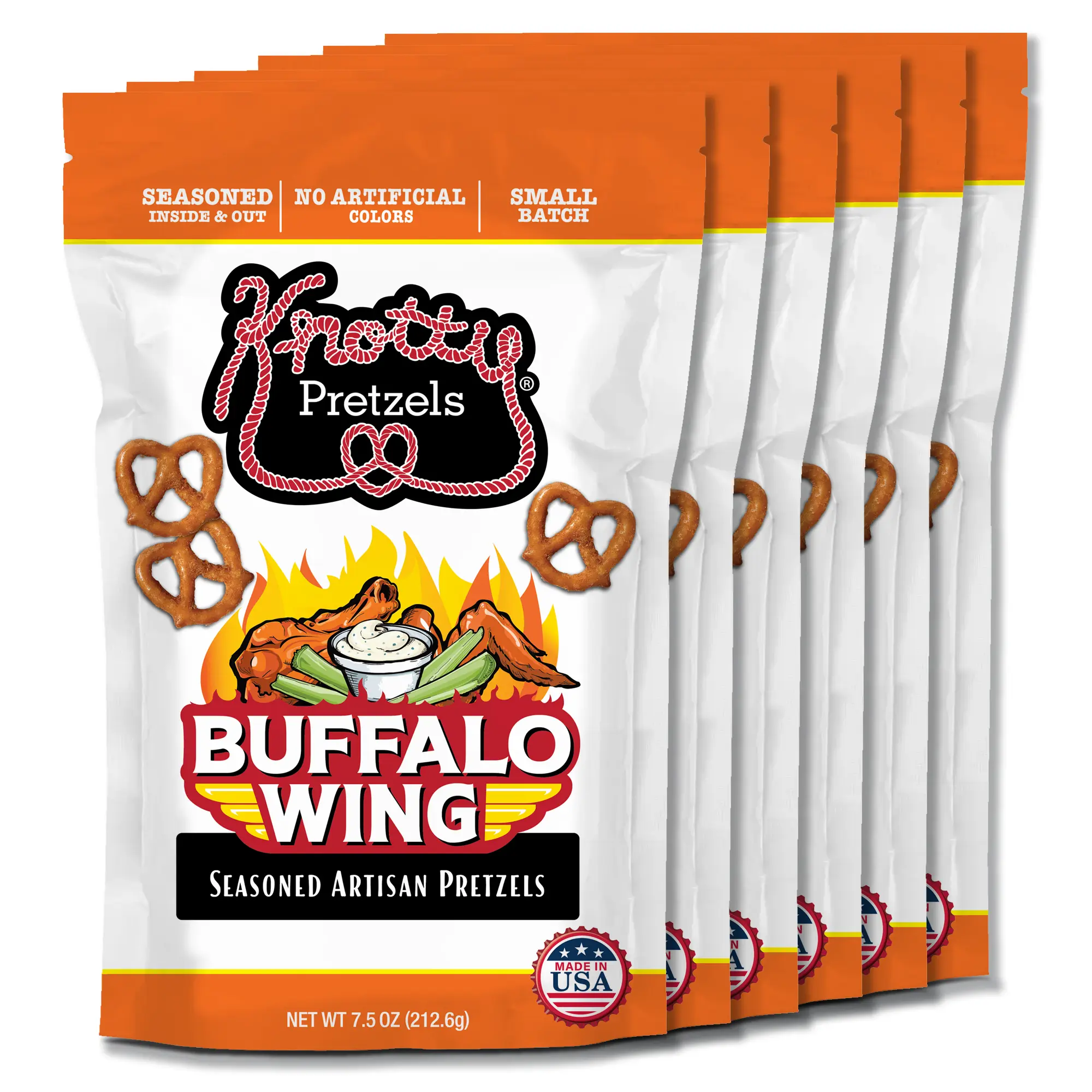 KnottyPretzels Buffalo 6pk- Knotty Pretzels “The Official Pretzel of Beer” 7.5 oz Individual Seasoned Pretzels in Resealable Pretzel Snack Bags, The Perfect Pairing for Beer, Hot Wings Flavor (6-Pack)