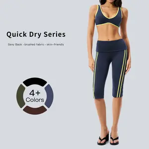 Tenwolf women’s American retro color-block quick-dry sports set: high-waisted tummy-control capris + V-neck back-enhancing top; perfect for fitness and dance workouts, super flattering.