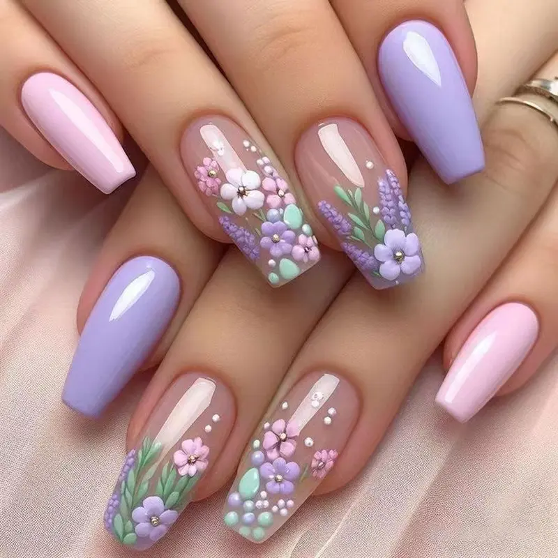 Lavender Pattern T Shape Nail Art Flower Design Nails, Nail Designs, 24 Pcs Removable Press-on Nails Nail Set for Stylish Manicure, Easy To Wear and Perfect for All Occasions
