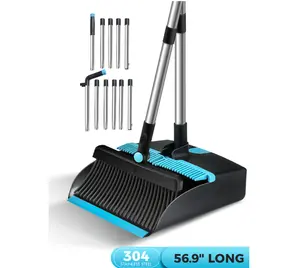 Steel Broom and Dust Pan Combo for Home, 56.9" Long Handle Dust Pan with Steel Broom