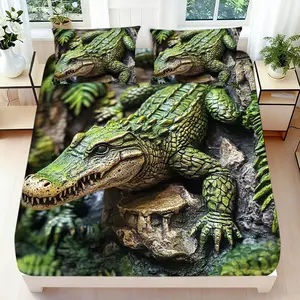 2/3 Pcs 2D Flat Crocodile Jungle Themed Fitted Sheet Set Crocodile Bedding Set Quilt Cover 1 Fitted Sheet + 1/2 Pillowcases Jungle Inspired Top Sheet Decorative Bedding Bedroom Decor