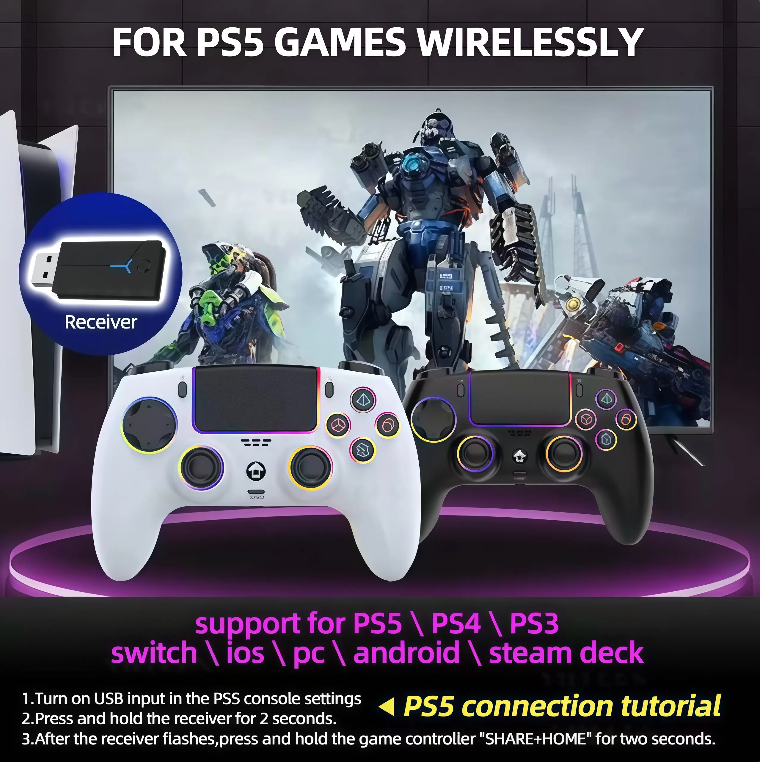 Iridescent Black and Black PS5-Compatible Ergonomic Game Controller for PS5 PS4 PS3 Switch iOS PC Android Steam Deck