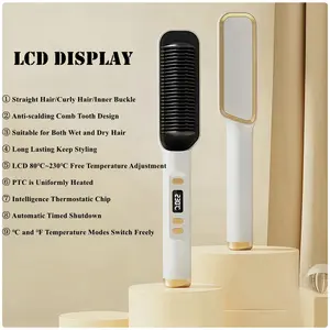 Straightening Comb, Circular Straightener, Women's Hair Straightener, Temperature Control, Dual Voltage, Quick Heating, Damage-Free Curling Iron for Both Straight and Curly Hair Plug White