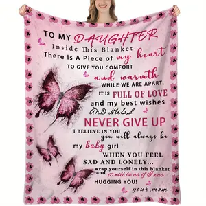 1Pc Cozy Pink Butterfly Flannel Blanket From Mom To Daughter - Heartfelt Gift For Birthdays, Christmas, Graduation, And Special Occasions - Soft & Warm All-Season Throw With Inspirational Message And Butterfly Design, Butterfly Blanket