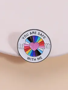 You Are Safe with Me Letter, Cartoon & Heart Pattern Brooch, Cute Round Badge for Daily Clothing Decor, Trendy All-match & Exquisite Brooch for Birthday Gift, Fashion Accessory