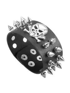 Punk Style Skull Chain Leather Bracelet, Dark Metal Spike Wristband, Unique Cool Street Fashion Accessory, Trendy Punk Jewelry