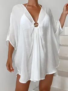 Women's V Neck Loose Fit Beach Cover-Up, Round Ring Front, Irregular Hem, Sun Protection, Perfect for Vacation, Casual Wear, Swimsuit Cover Up