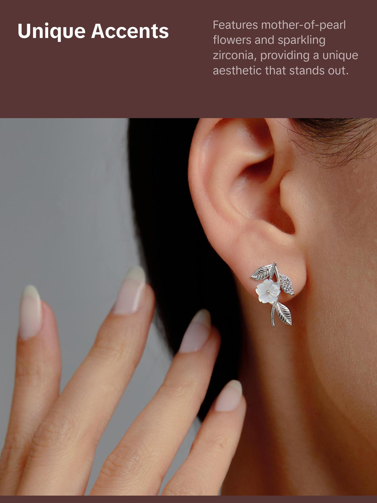 Italian Spring Earrings for Women - 925 Sterling Silver with Rose Gold Plating, Mother-of-Pearl Flowers & Sparkling Zirconia, Elegant Design