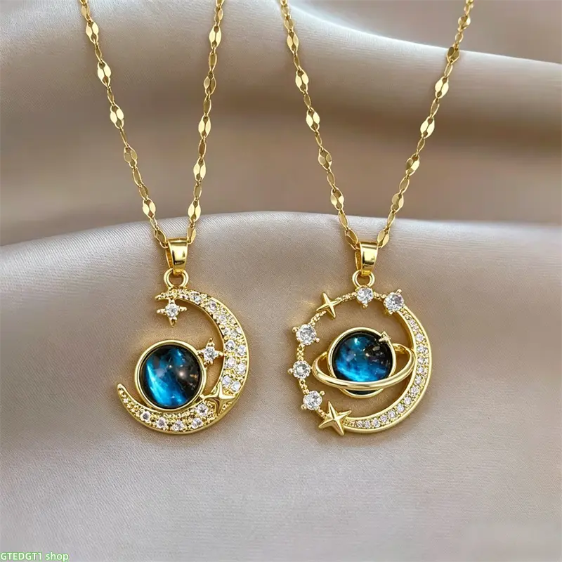 Celestial Star Moon Planet Pair Necklaces Matching Lover Pendant Jewelry With Blue Galaxy Stone Cubic Zirconia Gold Plated Thin Chain For Everyday Outing Wedding Anniversary Birthday Surprise Gift For Her And Significant Other homedecor