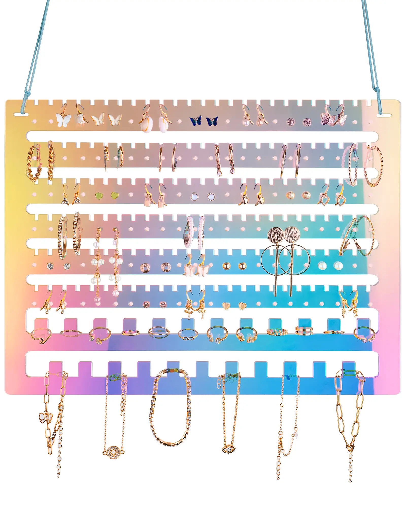 NiHome Iridescent Acrylic Wall-Mount Earring Organizer Rack - Home Decor Holder with Included Cord, 23 Raised Hooks for Stud Earrings, Bracelets, Necklaces, Rings