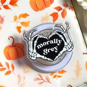 Morally Grey Skeleton Heart Phone Grip - Dark Romance Bookish Aesthetic Griptok - Gothic Fall Pumpkin Leaves Phone Holder for Book Lovers - Spooky Skeleton Hands Heart Shape Accessory