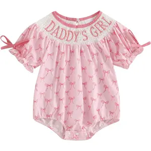 Newborn Baby Girl Romper Mamas Mini Bow Plaid Print Puff Sleeve Smocked Bubble Romper Jumpsuit Bodysuit Clothes