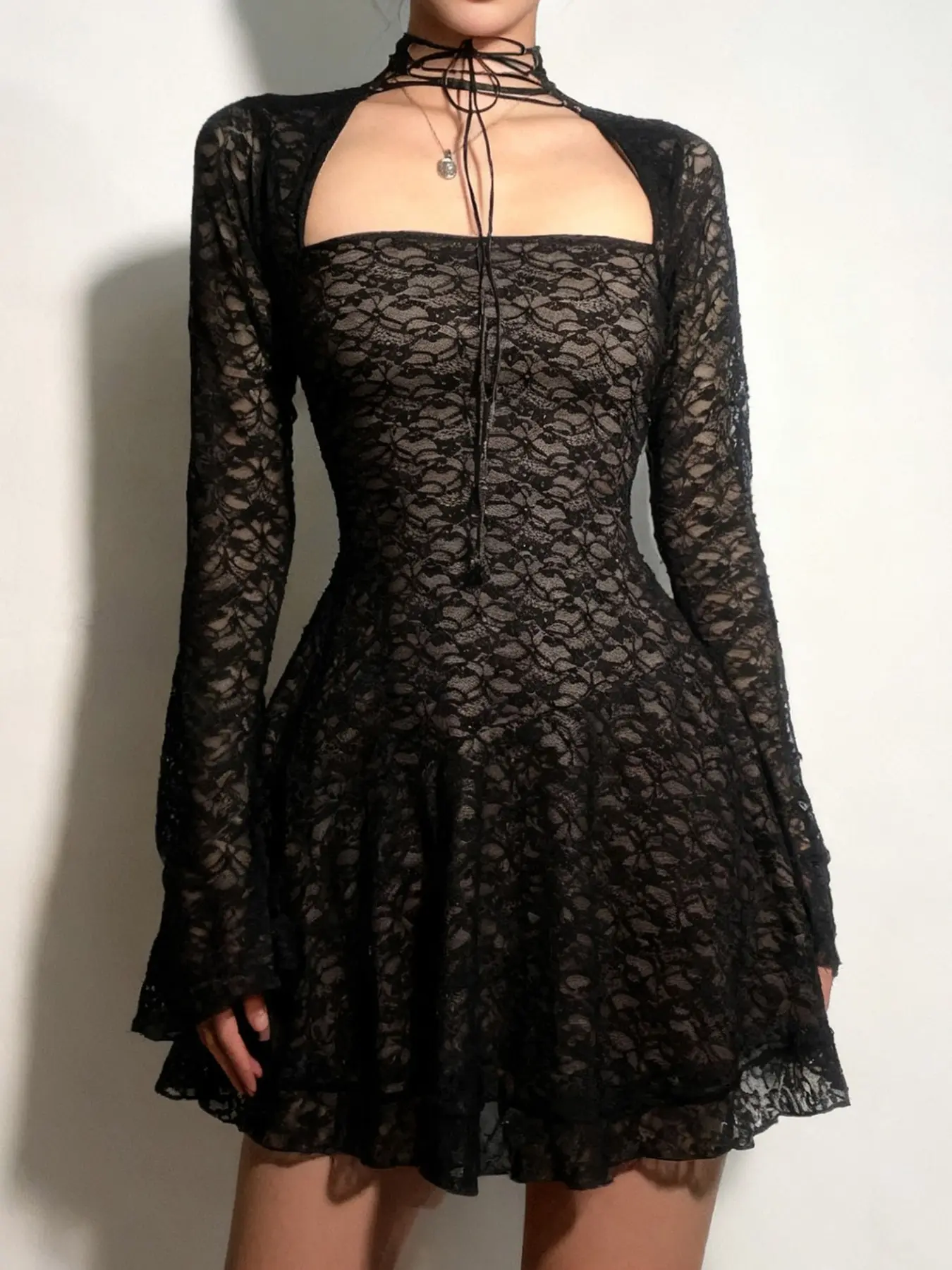 Women's Elegant Gothic Dark Aesthetic Black Lace Choker Tie Cutout Long  Sleeve Bell Cuff Bodycon Mini Dress, Slim-fitting Club Party Date Gown,  Ladies All Seasons Holiday Formal Casual Clothes - TikTok Shop