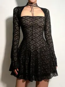 Women’s Gothic Dark Aesthetic Black Lace Choker Tie Cutout Long Sleeve Bell Cuff Bodycon Mini Dress, Slim-fitting Club Party Date Gown, Ladies All Seasons Holiday Formal Casual Clothes