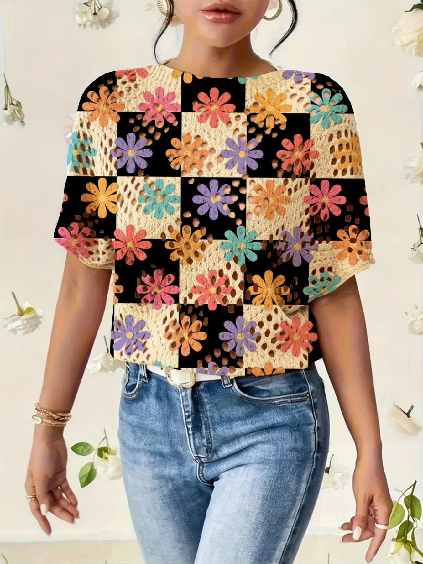 Women's Colorblock Plaid Floral Print Round Neck Sweater, Everyday Casual Batwing Sleeve Knitwear Top, Fall Winter Comfortable Warm Clothing