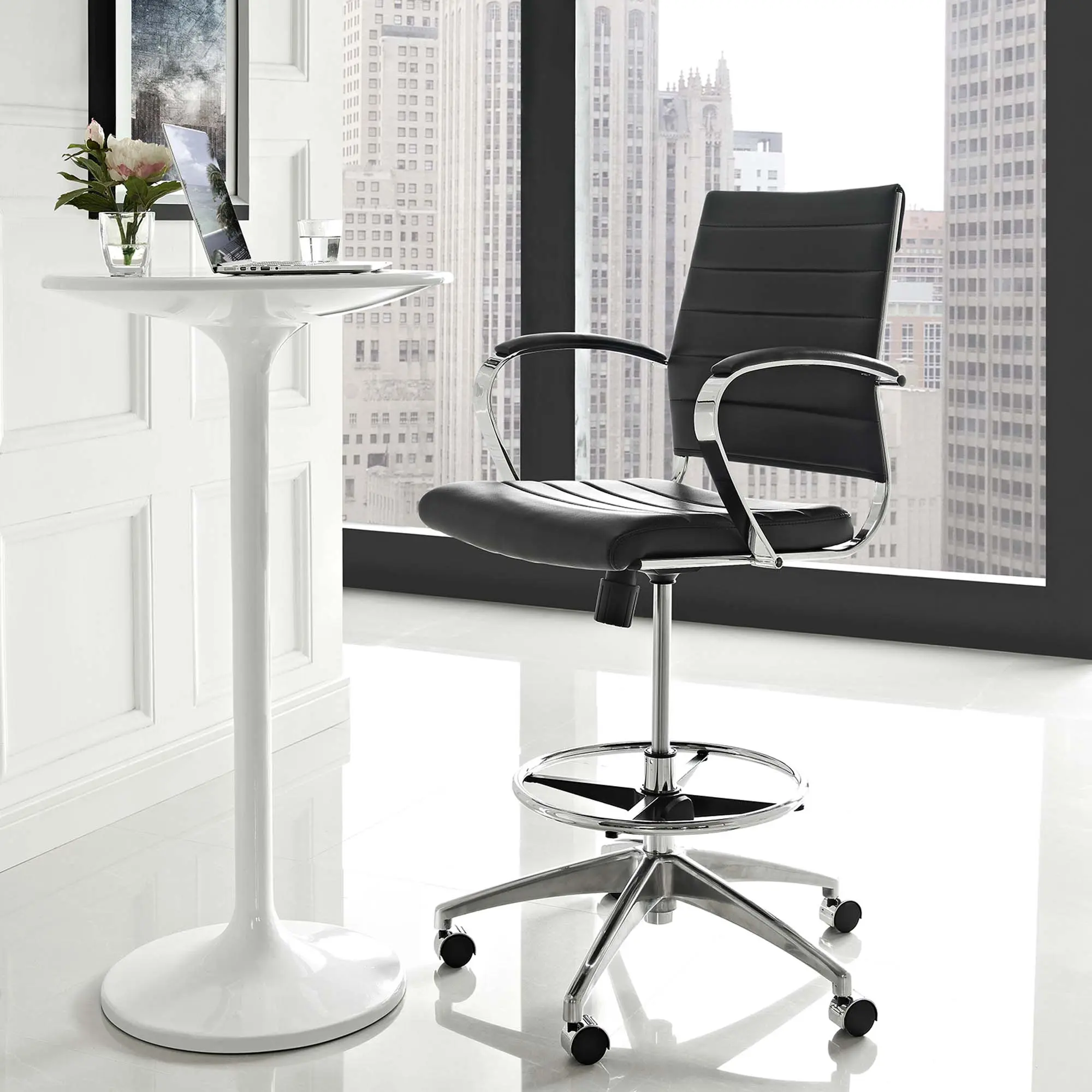 Jive Drafting Chair - Black Ergonomic Adjustable Height Chair, Vinyl Ribbed Commercial Office Work Stool with Supportive Sitting, Requires Assembly