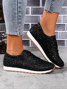 Fashion Glitter Sequins Lace Up Low Top Trainer Sneakers Casual Comfortable Round Toe Shoes for Daily Wear Female All-match Spring Fall activewear running shoe trendy walking sporty easy lightweight