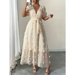 Women'SElegantV-NeckLongSleeveDresswithPuffSleevesandTieWaist-BeigeFloralLaceOverlay,A-LineSilhouette,PerfectforSpring/Summer/AutumnVacations,VacationAttire|FloralDress|PolyesterFabric��CasualFit