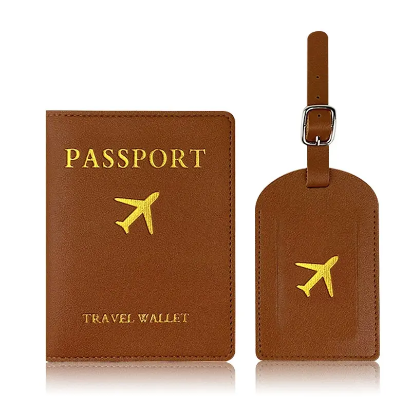 Passport Holder and Luggage Tag Set, Minimalist PU Leather Travel Wallet, Airplane Pattern Passport Cover for Travel Men Women