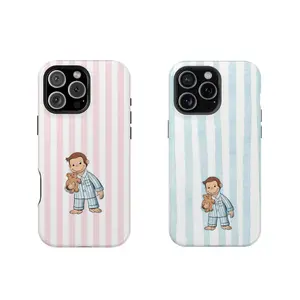 Striped Curious George Pajamas Phone Case – Cute Cartoon Monkey with Teddy Bear, Striped Pastel Design, Protective iPhone Cover |         Cover for IPhone 16 15 14 13 12 SE Max Pro Samsung galaxy Ultra 21 22 23 24 25