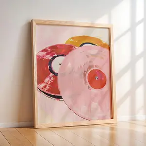 Unframed, Room Decor, Trendy Pastel Art, Y2k Girly Print, Red Vinyl Record Wall Art, Vinyl Record Print, Retro Decor, Pink, Orange – 5 Size, 8x12 to 27x40 inch