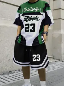 Men's Basketball Print Short Sleeve Tee & Shorts Set, Loose Casual Round Neck T-shirt & Track Shorts, Men's Summer Clothes, Jersey Shorts