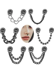 Trendy 6 Pcs Black Diverse Non Piercing Jewelry Set Cool Magnetic Septum Copper Nose Rings Nose Hoops for Women Men Stylish Chain Faux Fake Nose Septum Rings Black Heart Bead Chain Non-Pierced Clip on Nose Rings