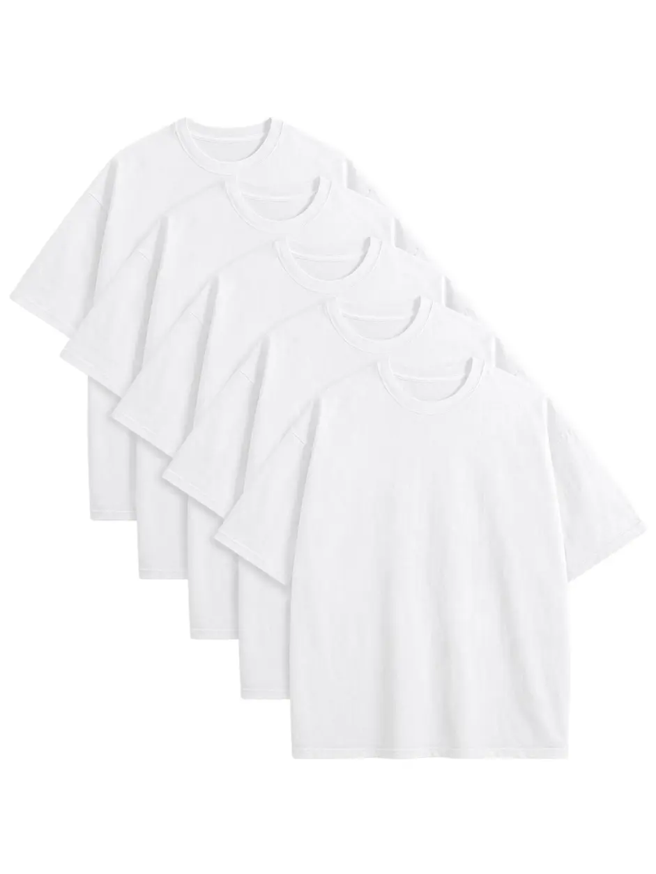 Men's 5-Pack Oversized Tshirt, Heavyweight 100% Cotton Plain Shortsleeve Top, Soft Foldable Casual Round Neck for Chinese New Year, Fabric, Pure Cotton