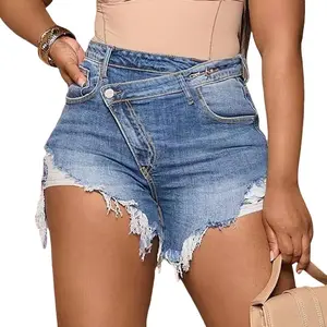 DUTUT Women's Summer Casual High Waist Blue Denim Shorts with Button Staggered Ripped Raw Edge Asymmetrical Fashionable Slim Fit Shorts for Outdoor Activities