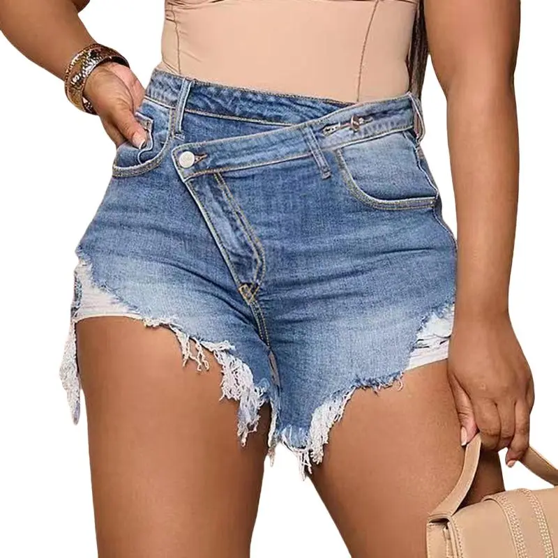 DUTUT Women's Summer Casual High Waist Blue Denim Shorts with Button Staggered Ripped Raw Edge Asymmetrical Fashionable Slim Fit Shorts for Outdoor Activities