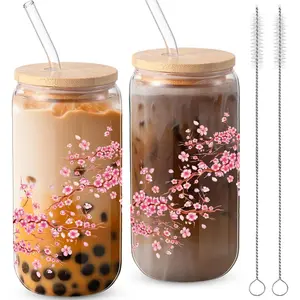 2 count Cherry Blossom Glass Cups Floral Drinking Glasses  Iced Coffee Tumbler with Lid Straw Cleaning Brush 16 oz  Can Tumbler Holiday Gifts for  Office Decorations
