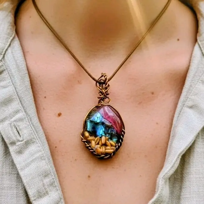 Labradorite Necklace, Copper Wire Wrapped Pendant