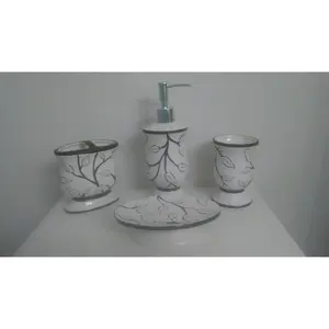Watson Bathroom Accessories Modern Ceramic 4-Piece Bathroom Accessory Set - White Leaves and Black Branches Design, Includes Soap Dispenser, Toothbrush Holder, and Tumbler, Ceramics, Four Pieces