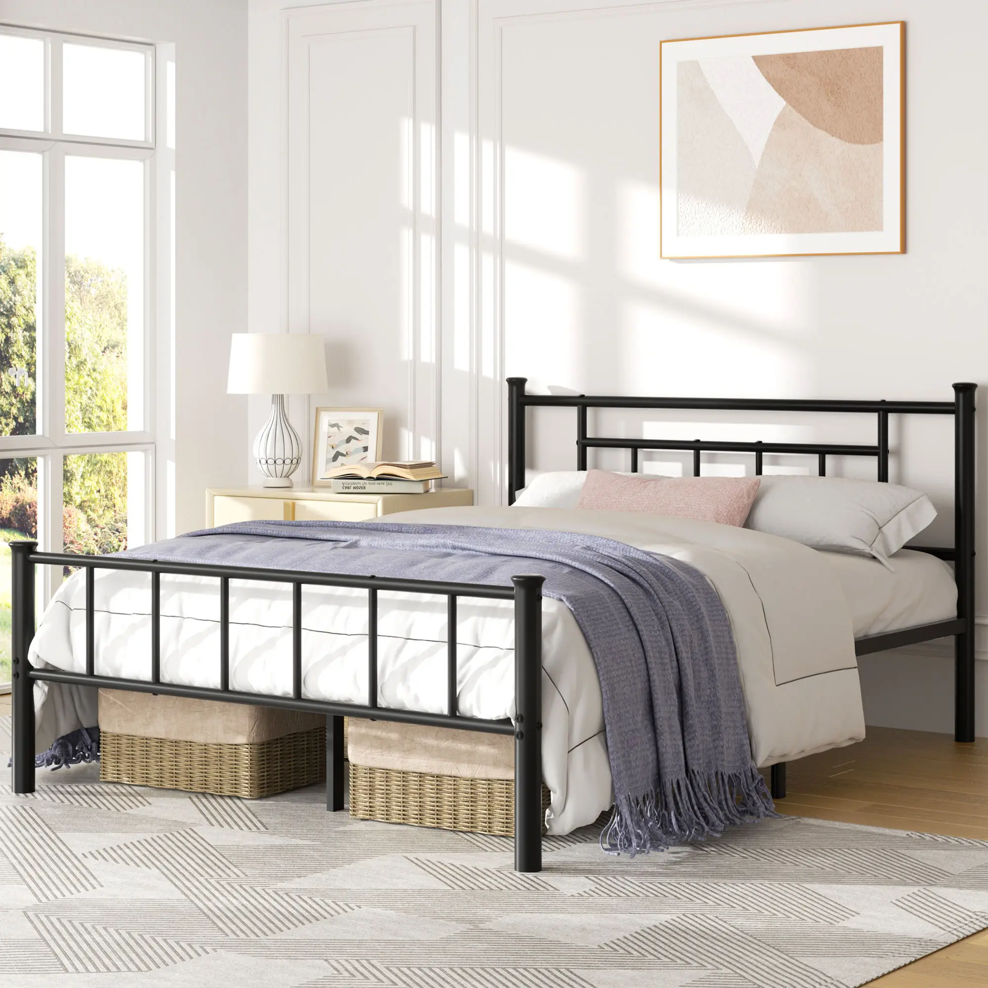 Walsunny Platform Minimalist Bed Frame with Classic Design Headboard and Footboard, Strong Metal Slat Support & Underbed Storage Space, Black Queen Si