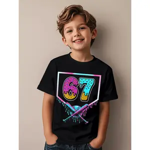 Boys' 67 Number & Ice Cream Drip Graphic T-Shirt - Short Sleeve Casual Playwear with 67 Number Design, Round Neck Comfort Fit, All-Season Casual Attire, Birthday Party Outfit, Trendy 'treet Style (Ages 6-7 Years) - Fun Math-Themed Apparel for Boys