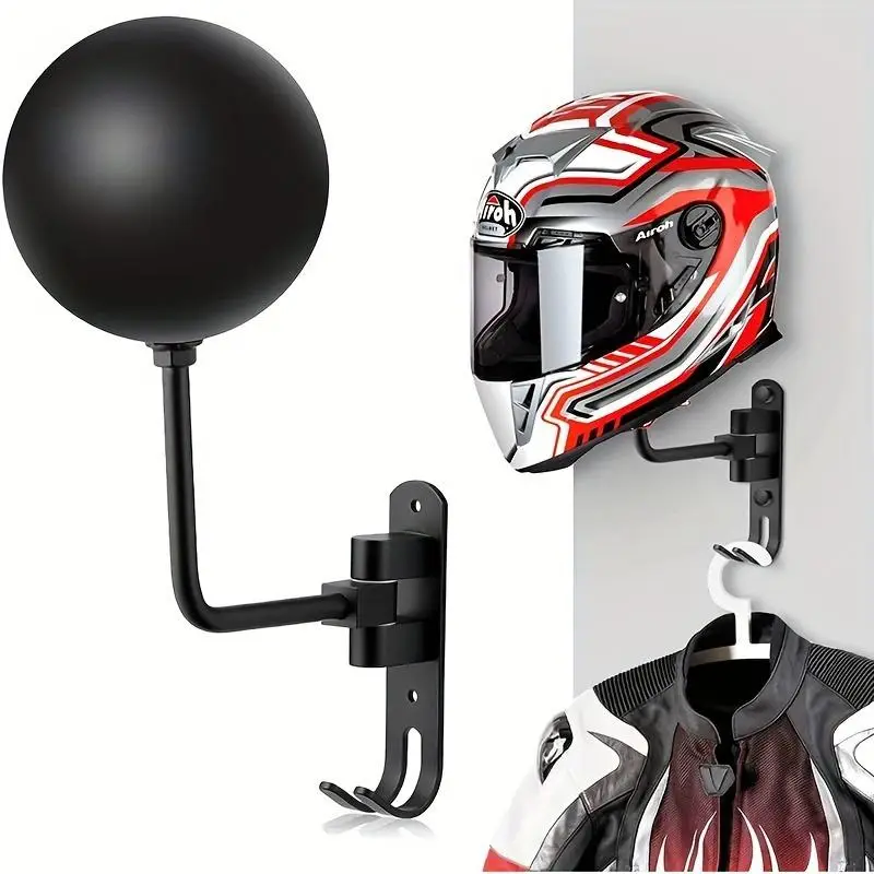 180 Degree Rotatable Motorcycle Helmet Rack, Wall Mounted Helmet Storage Rack, Adjustable Hooks Space Saving Helmet Hanger Stand for Display and Stora