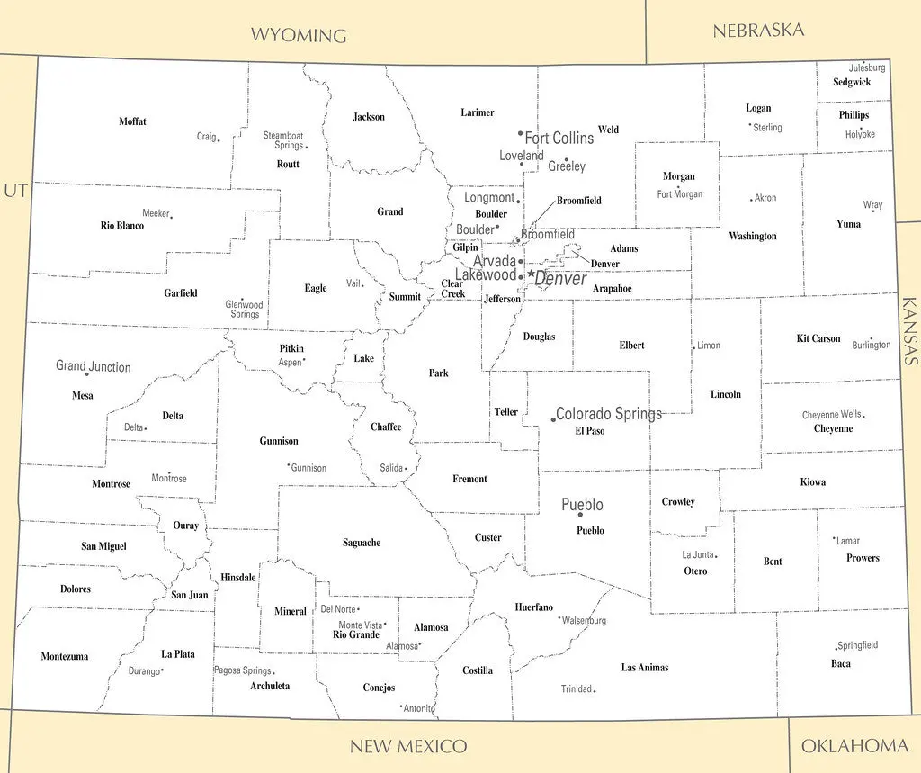 Map of Colorado CO - County Map with selected Cities and Towns - Peel and Stick Wall Decal