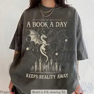 Comfort Colors A Book A Day Keeps Reality Away Shirt, Dragon Fantasy Graphic Tee, Gothic Grunge Castle Top, Reader Gift