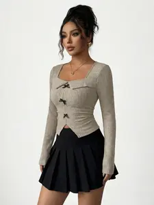 Sweet Spicy Square Neck Knit Bow Blouse, Oatmeal Color Fitted Slimming Long Sleeve Short Cardigan, Casual Aesthetic All Seasons Knitwear, Top, Womenswear