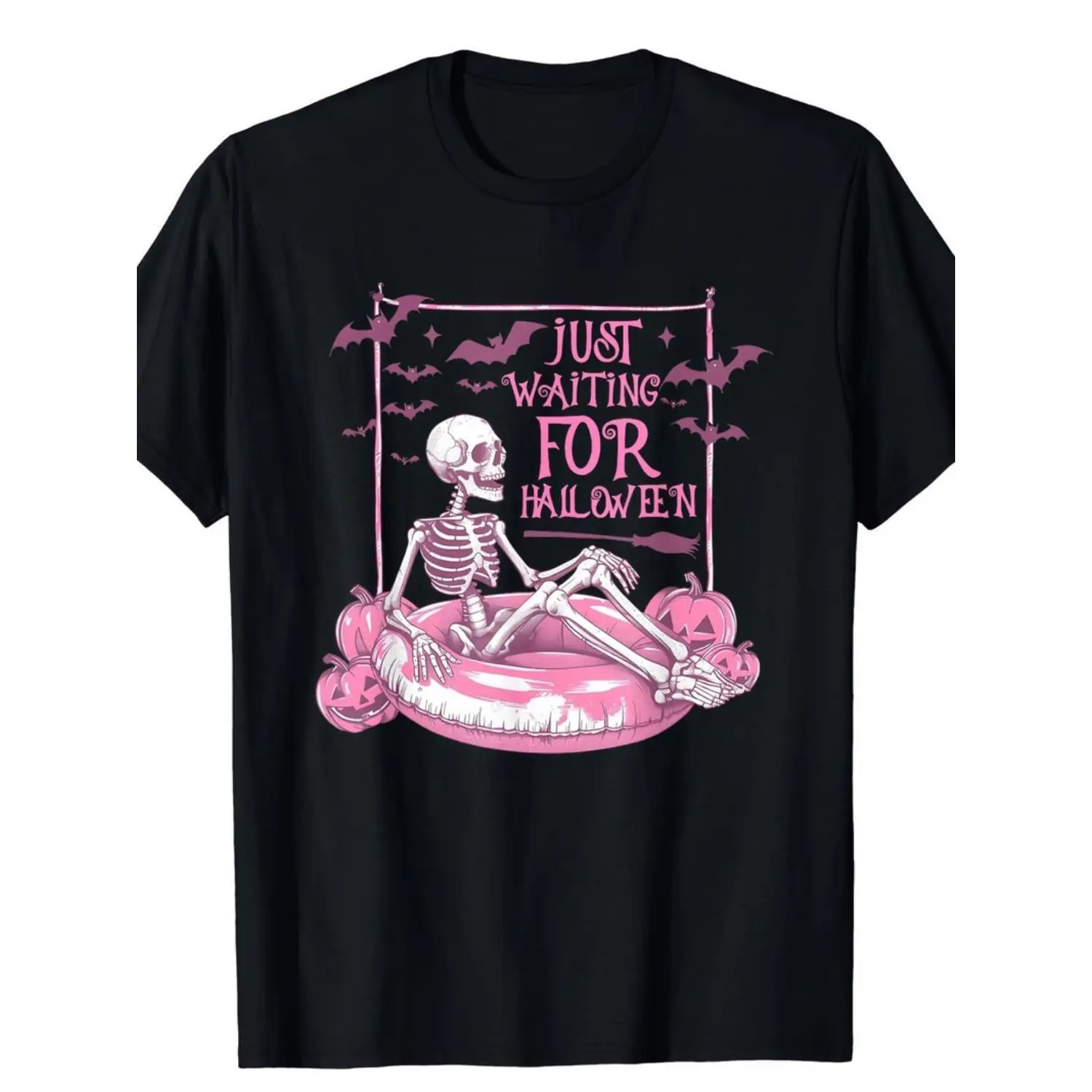 Spooky Skeleton Halloween Graphic T-Shirt – Black Casual Summer Tee with Pink Accents, Lightweight 180G Running & Workout Wear