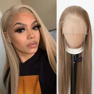 Ash Blonde Long Straight Lace Front Wig Pre Plucked Bleached Hairline Side Part Design Transparent HD Lace Synthetic Heat Resistant Wig Silky Smooth Anti-Tangle Hair Wigs for Black Women Daily Styling Photoshoot Halloween Costume
