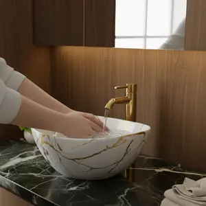 MLF 16"x13"x6" Round Marble-Pattern Ceramic Vessel Sink - Modern Bathroom Vessel Sink Bowl - Premium Above-Counter Elegant Countertop Basin for Small & Large Bathrooms - Baby Series