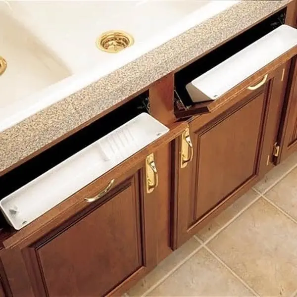 Rev a Shelf 11" Tip Out Trays with 2 Hinges for Sink Base Cabinets and 14” Tip Out Trays with 2 Hinges.