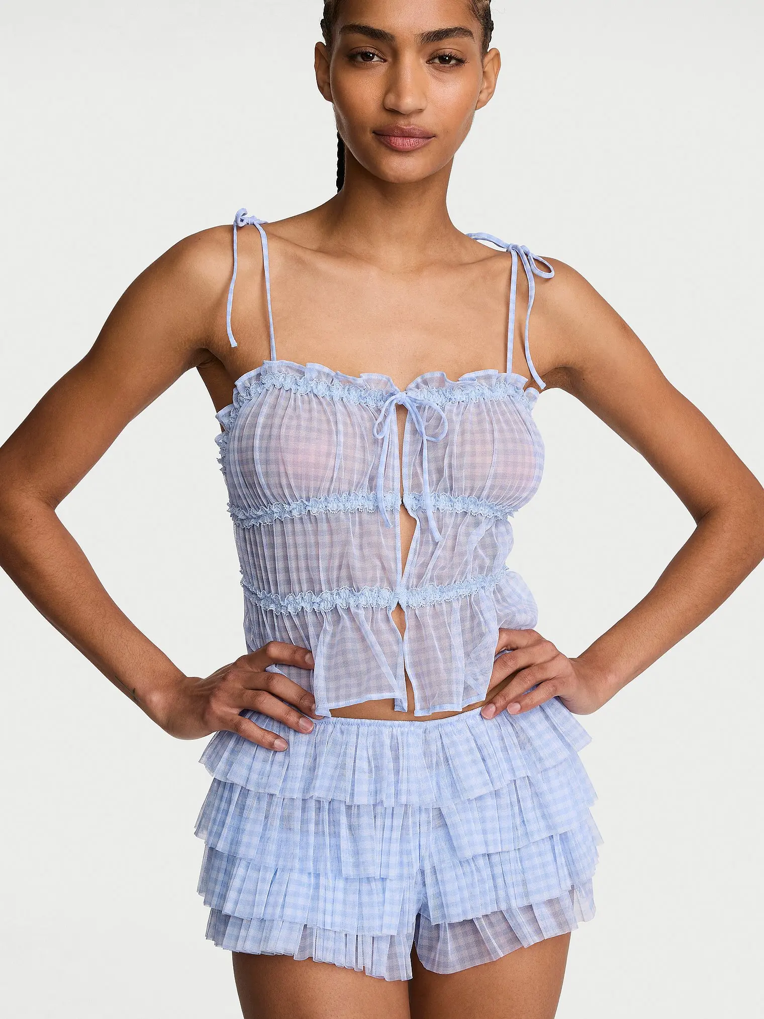Victoria's Secret Gingham Chiffon Cami & Ruffled Short Set