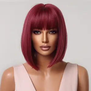 12 Inches Short Straight Wine Red Bobo Wigs Synthetic Fiber Wigs Women's Wigs Daily Use for Party or Cosplay Photos