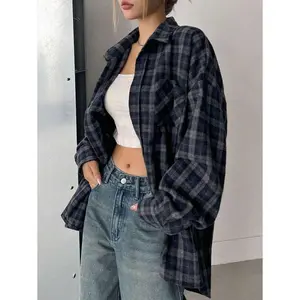 DAZY Women's Loose Plaid Street Casual School Uniform Shirt,Flannels Women