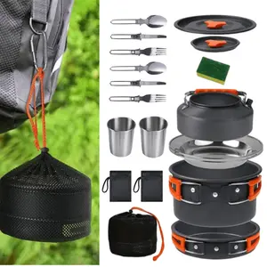 15-piece portable non-stick aluminum alloy camping cookware set - includes 1 kettle, 1 frying pan, 1 cooking pot, 2 plates, 2 cups, 6 folding utensils, 1 cleaning sponge, 3 black storage bags - durable kitchen essentials, suitable for camping
