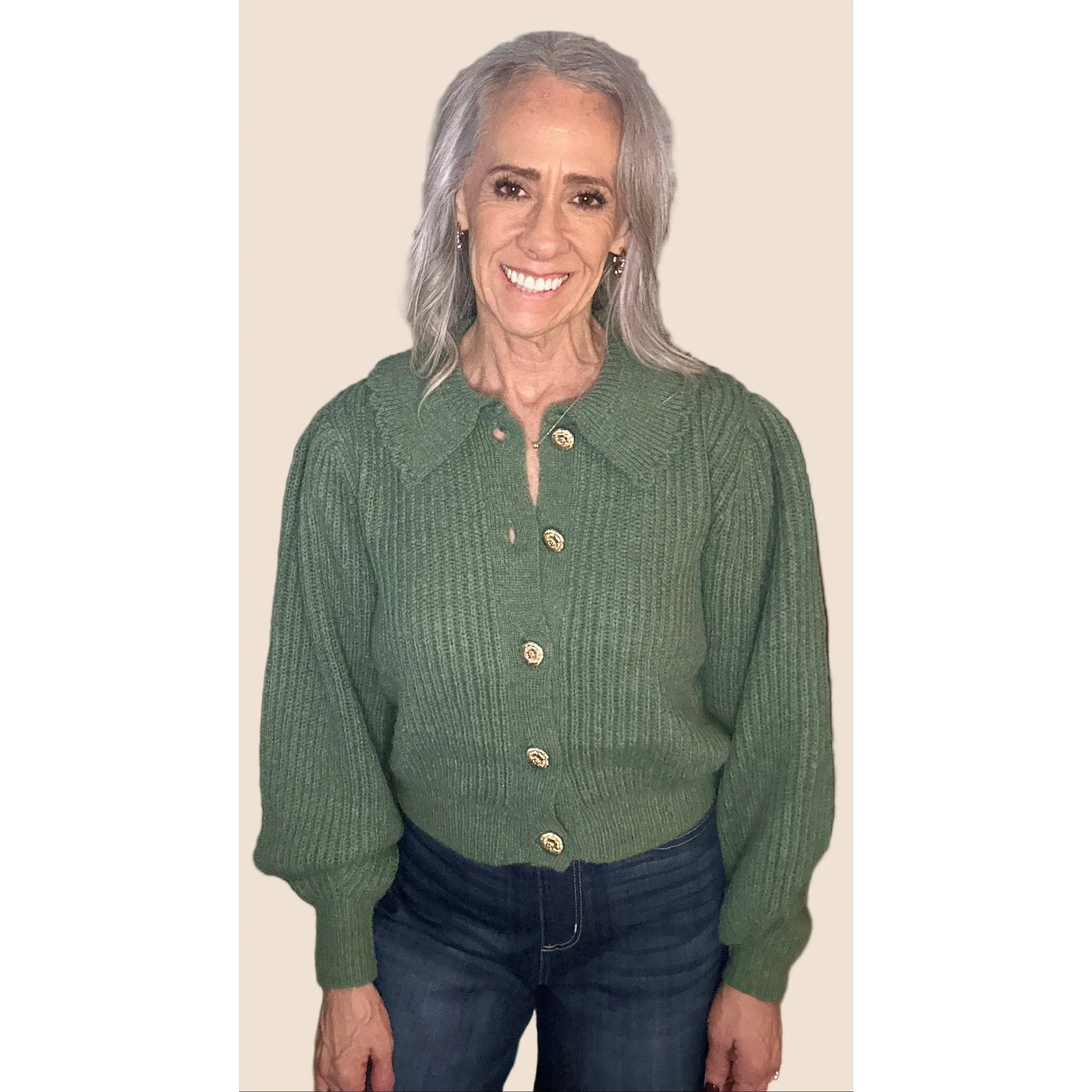 Chunky Knitted Cardigan with Scalloped Collar (Sage)
