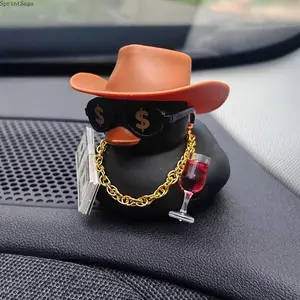 Cool Cowboy Dollar Duck Figurine, DIY Funny Duck Car Dashboard Decoration with Cowboy Hat, Gold Chain, Dollar Glasses & Wine Glasses, Personalized Cute Car Interior Gadgets, Durable Ornament Pendant for Auto Decor Home Desktop Aesthetic Party Gift