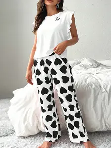 Women's Heart Print Tee & Pants Pyjama Two-Piece Set, Casual Comfy Round Neck Sleeveless Top & Trousers PJ Set, Ladies for All Seasons, Casual Comfy Pajama